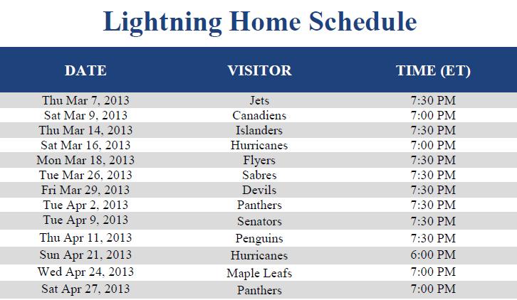 Lightning Home Schedule