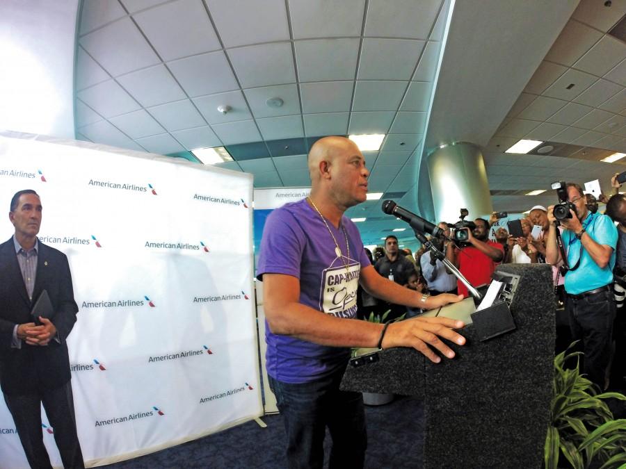 Haitian president Joseph Martelly speaking with press about upcoming opportunities.