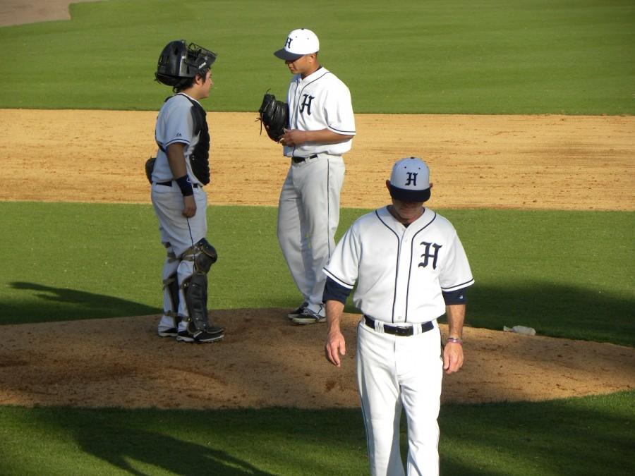 Calhoun leaves the mound after a conference with his battery.