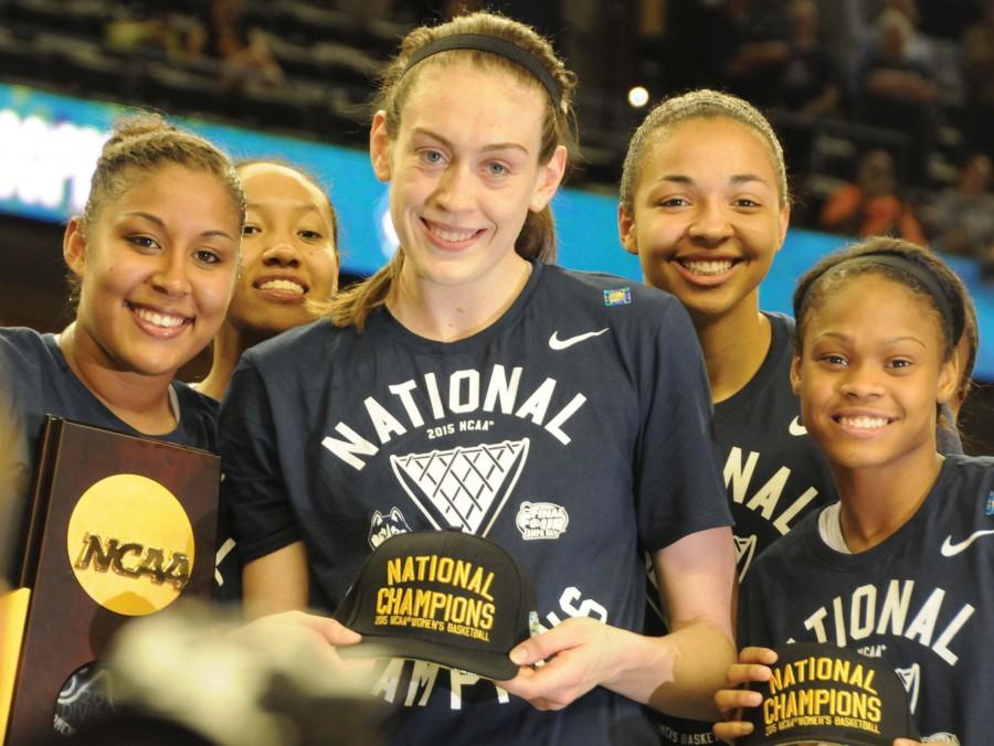 The Connecticut players celebrate another successful championship run. 2015 makes it three in a row.