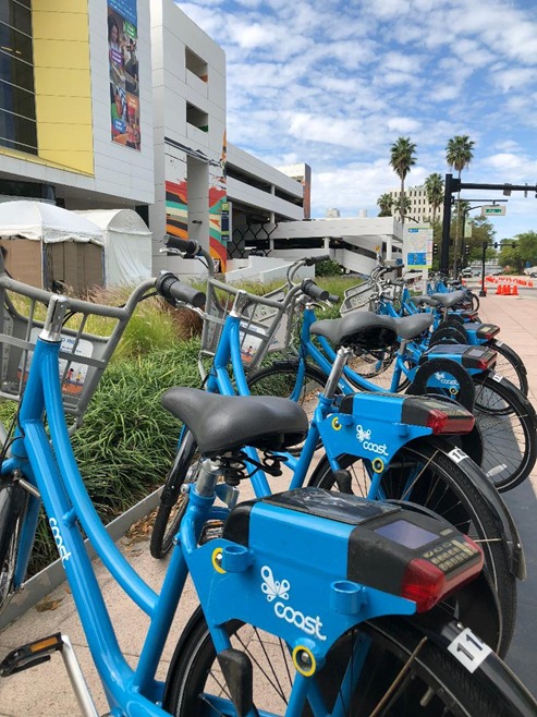 Bright blue bikes are the hallmark of Coast Bike Share.