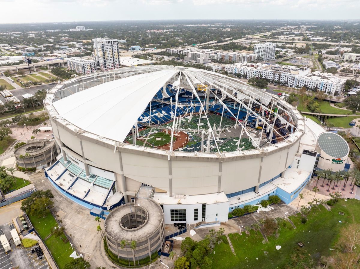 Hurricane Milton ripped apart a large portion of Tropicana Field’s fiberglass roof.