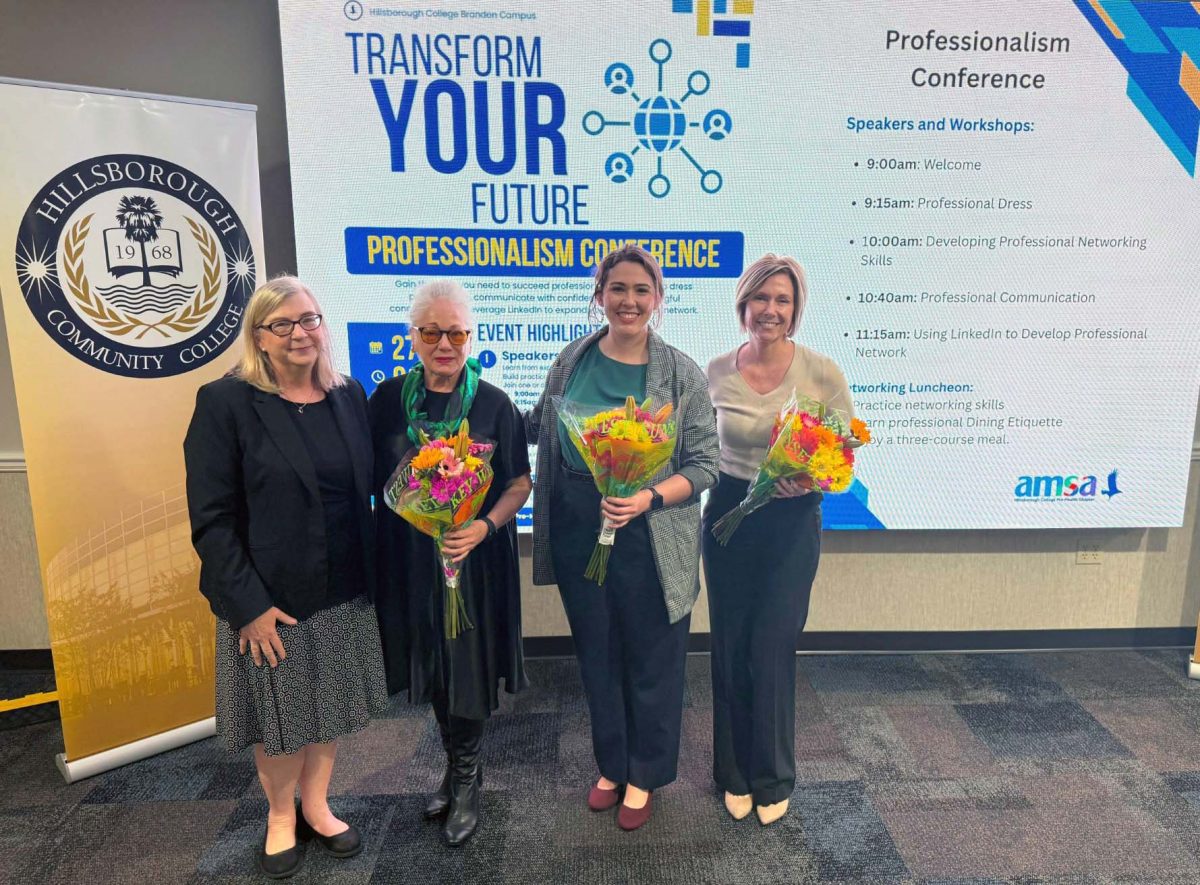 Presenters (left to right) Professor Elizabeth McCullough (Brandon/Dale Mabry AMSA Advisor), Suzanne Holley (Executive Assistant to Dr. Kenneth Atwater), Alexandra “Alex” Booth (Digital Content Manager for Hillsborough College) and Professor Shannon Moroney. 